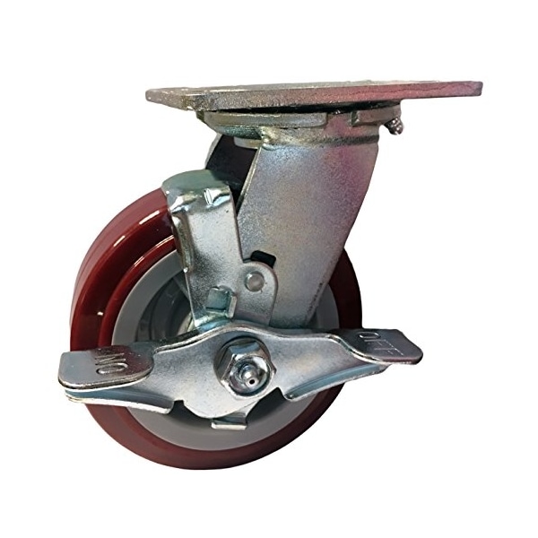 5"x2" Swivel Caster W/ Brake, Maroon on Gray Polyurethane on Poly